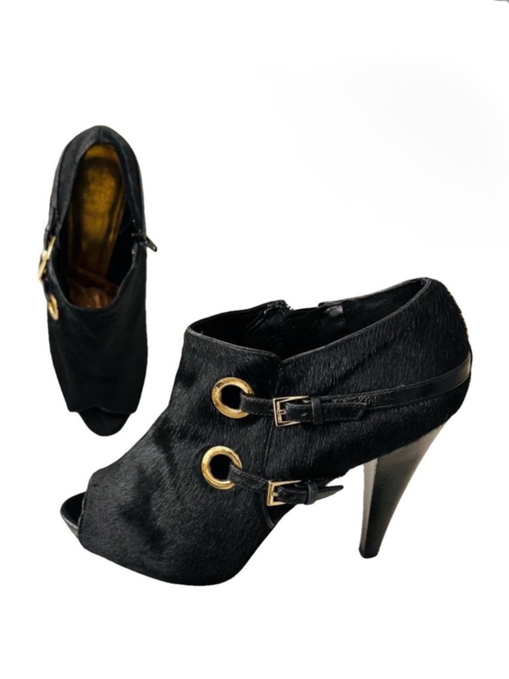 Saks Fifth Avenue Calf Hair Leather Bootie Open-Toe Heels Hidden Platform